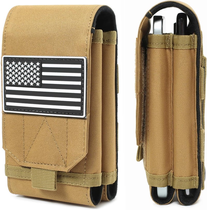 Lemubeane Tactical Molle EDC Phone Pouch Universal Dual Mobile Phone Holster Holder with US Flag Patch (Coyote Brown) - Image 1